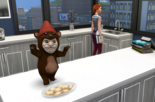 穿着熊装的侏儒正在偷Sim烤的饼干
